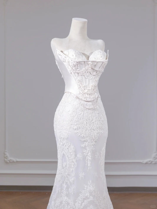 Classical Sweetheart Neck Beading Bridal Gowns Applique Mermaid Lace Wedding Dress AP2255