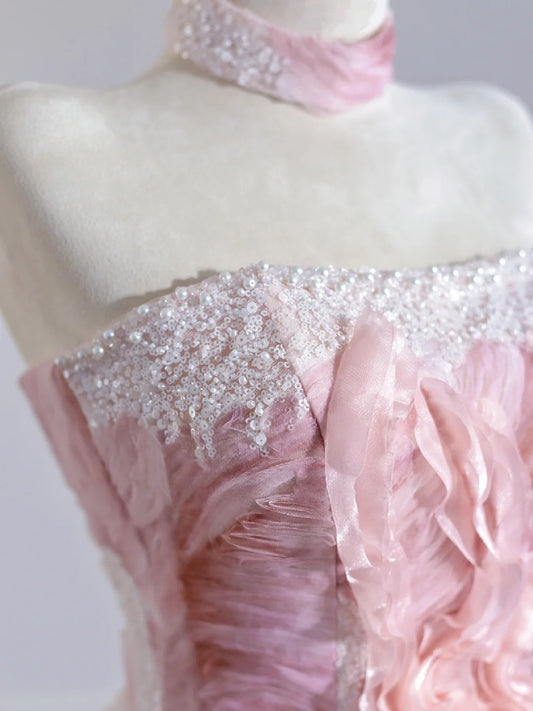 Cute Textured Ruffled Floral Beading A-Line Sweet 16 Outfit Sparkling Sequins Strapless Prom Dress AP2260