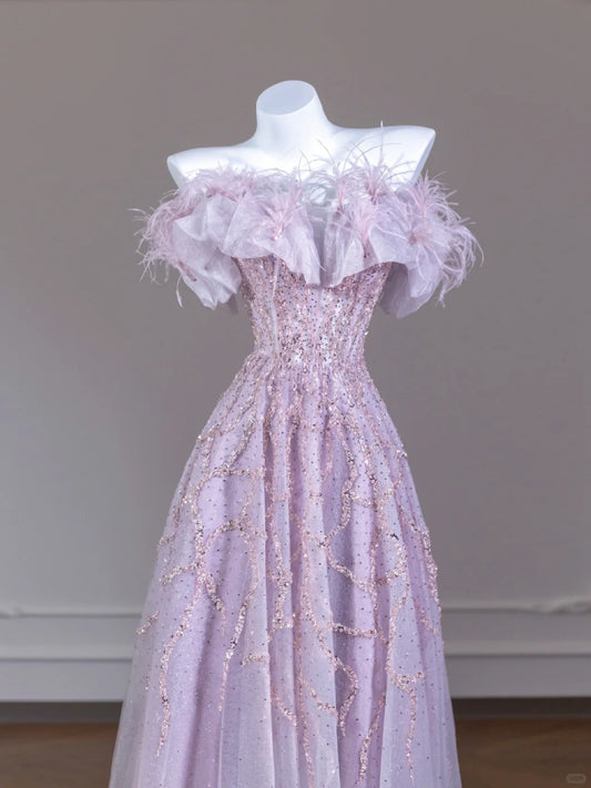 Romantic Beading A-Line Tulle Hem Feather Trim Off-Shoulder Shining Sequins Prom Dress AP2265