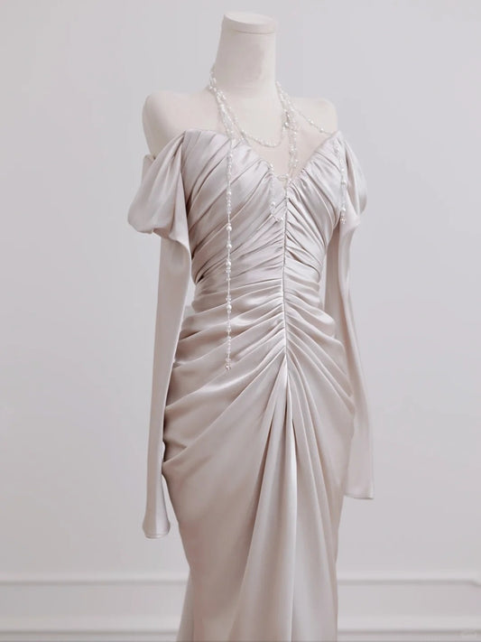 Classical Long Sleeve Off-Shoulder Ruched Bodice Mermaid Hem Prom Dress AP2269