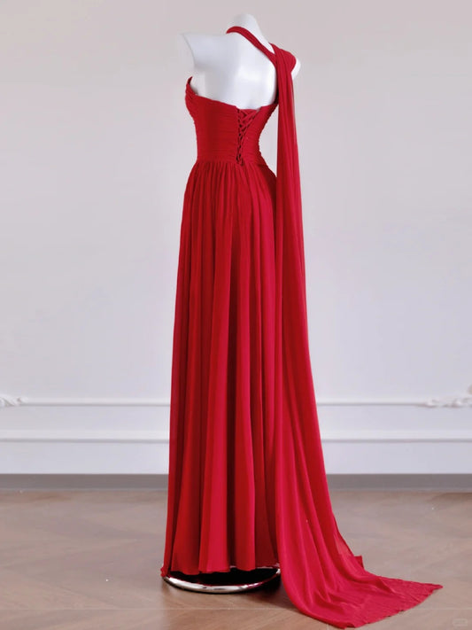 Fashionable One-Shoulder Glittering Sequins Ruched A-Line Red One-Shoulder Lace-Up Back Prom Dress AP2270