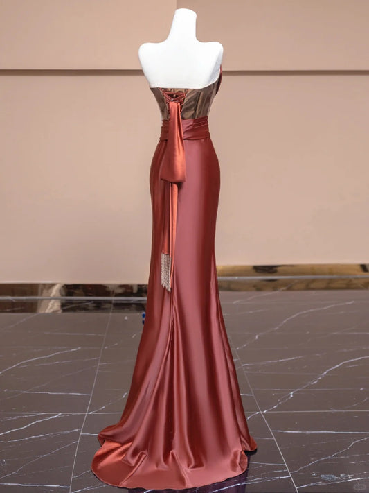 Vintage Metallic Satin Splicing Mermaid Evening Gowns Lace-Up Back Sash Strapless Pleated Prom Dress AP2273