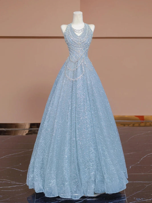 Exquisite Halter Neck A-Line Evening Gowns Beading Blue Shimmering Crystals Prom Dress AP2277
