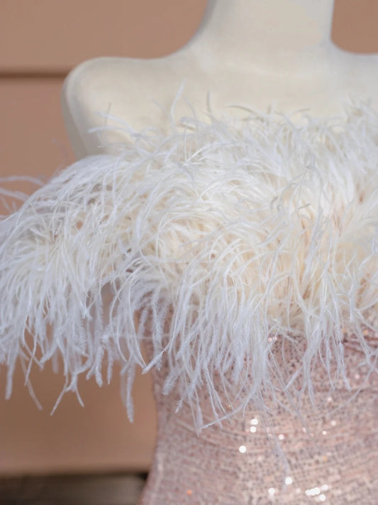 Chic High-Slit Strapless Feather Trim Sparkling Seuins Mermaid Prom Dress AP2279