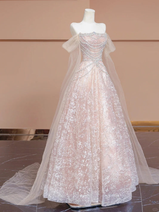 Ethereal A-Line Beading Tulle Trim Off-Shoulder Sparkling Sequins Prom Dress AP2280