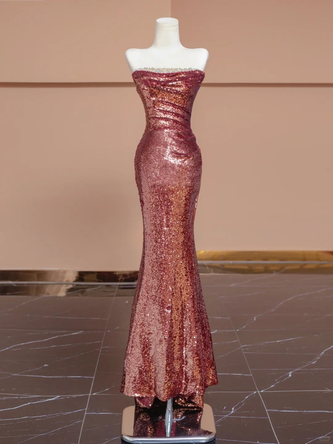 Retro Crystal Design Tulle Trimmed Back Strapless Glittering Sequins Mermaid Prom Dress AP2281