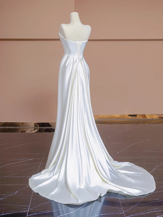 Fashionable Lace-Up Back Floor Length Strapless Ruched Satin Sheath Wedding Dress AP2285