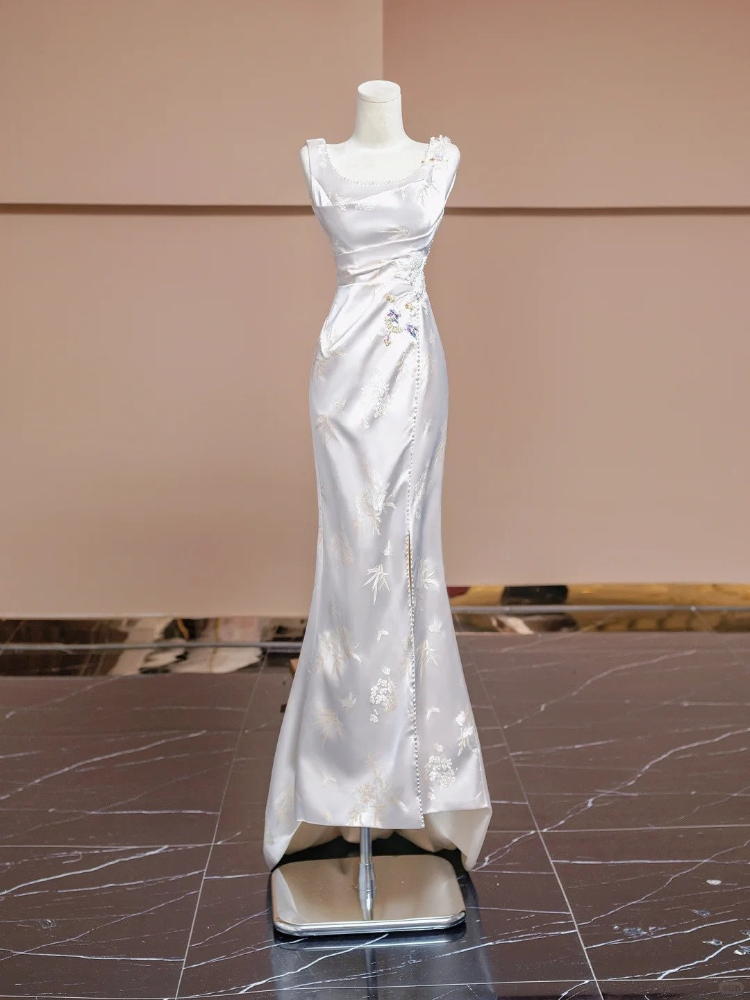 Vintage Beading High-Slit Square Neck Ruched Mermaid Sheen Satin Applique Prom Dress AP2286