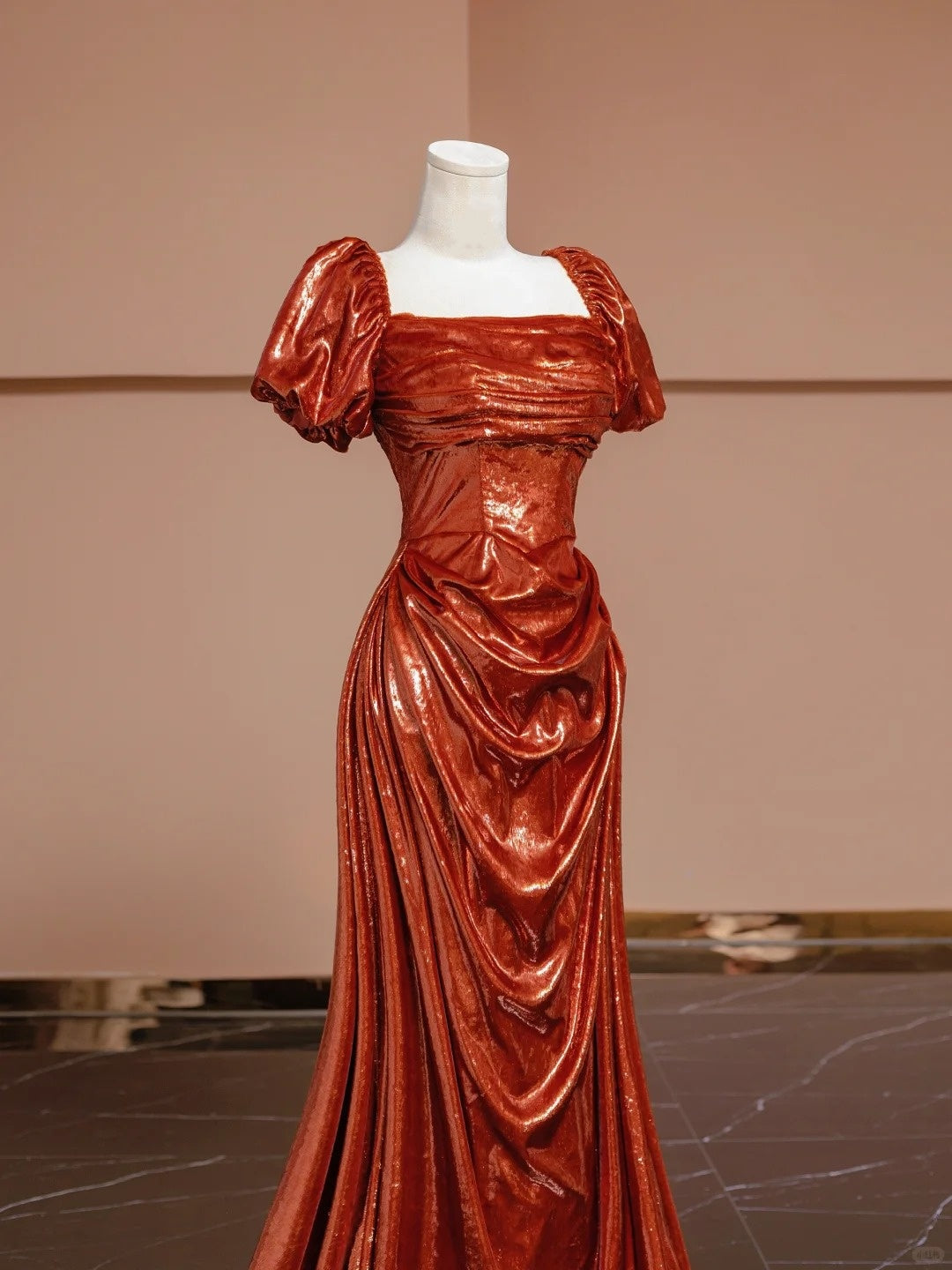 Vibrant Ruched Short Puffy Sleeve Evening Dress Square Neck Sheen Fabric Sheath Prom Dress AP2287