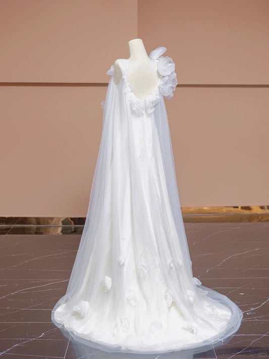 Charming Spaghetti Strap 3D Floral Trim Backless Cascade Tulle A-Line Wedding Dress AP2289