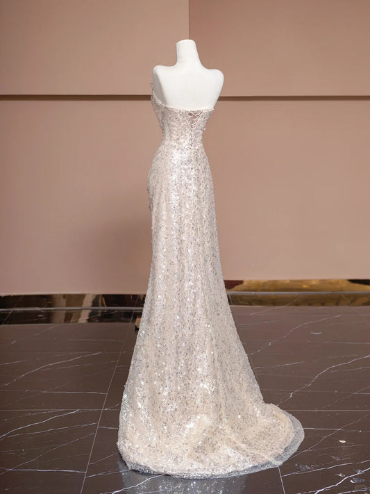 Luxurious Mermaid Beading Design Glittering Sequins Tulle Overlay Strapless Prom Dress AP2290