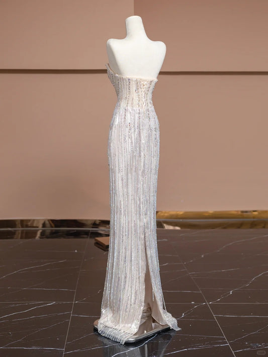 Fabulous Strapless Slit Evening Gowns Sequins Beading Tassel Sheath Prom Dress AP2294