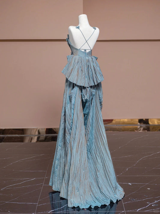 Charming A-Line Ruffle Evening Gowns Spaghetti Strap Crisscross Back Prom Dress AP2300