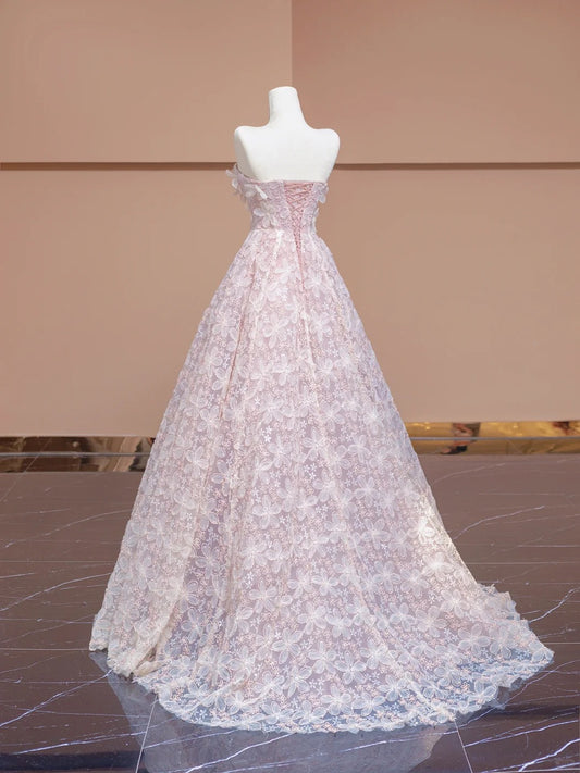 Fabulous A-Line Strapless Evening Gowns Applique Tulle Sequins Crystal Prom Dress AP2303