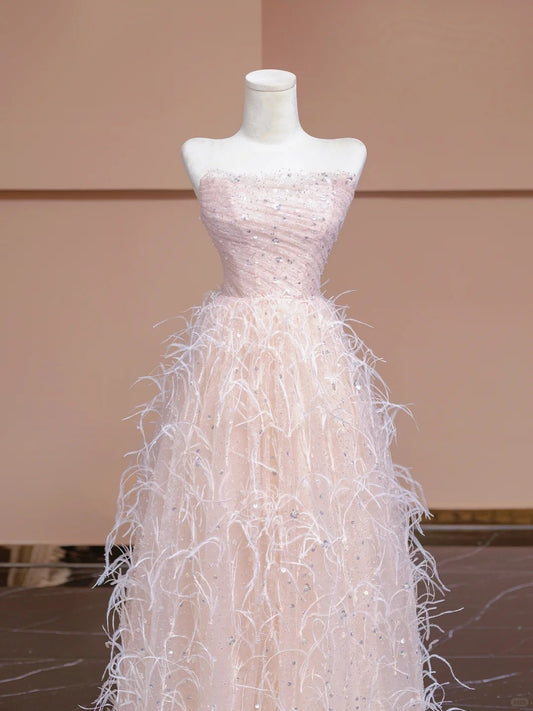 Cute A-Line Evening Gowns Strapless Feather Sequins Crystal Prom Dress AP2304
