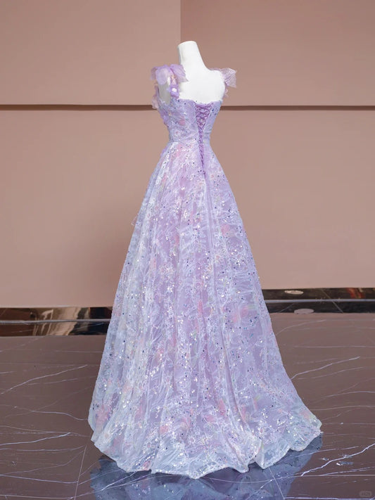 Luxurious A-Line Square Neck Purple Evening Gowns Applique Sequins Beading Prom Dress AP2305