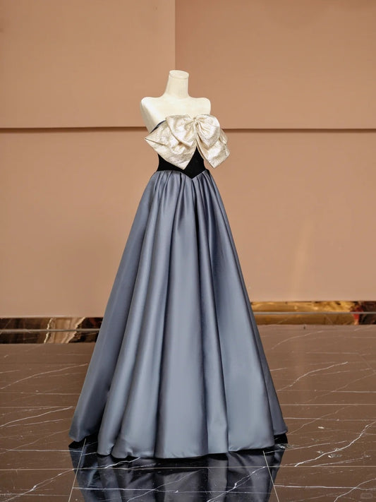 Graceful A-Line Strapless Evening Gowns Bow Satin Pleated Long Prom Dress AP2325