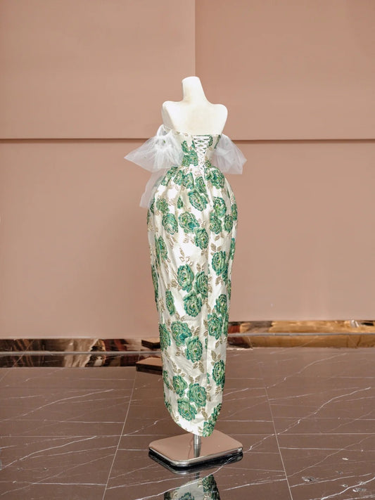 Chic Tulle Off-Shoulder Slit Formal Evening Gown Applique Crystal Prom Dress AP2326