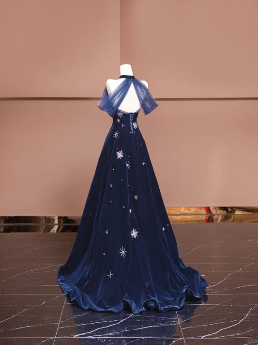 Fabulous A-Line Mesh Off-Shoulder Evening Gowns Beading Sequins Velvet Long Prom Dress AP2329