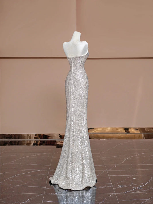 Exquisite Strapless Evening Gowns Mermaid Slit Sequins Prom Dress AP2335