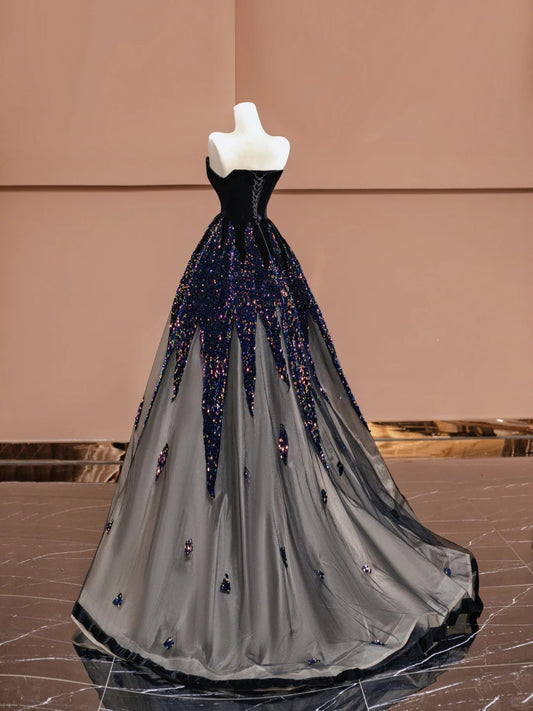Luxury A-Line Strapless Velvet Evening Gowns Black Tulle Sequins Long Prom Dress AP2336