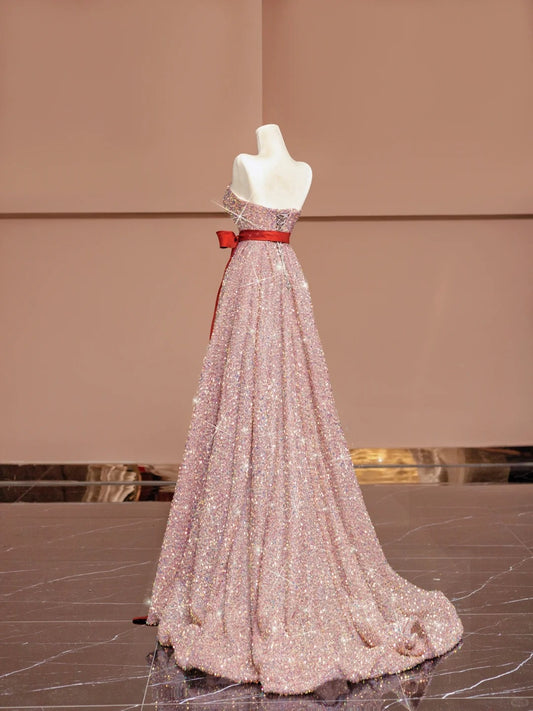 Cute A-Line Strapless Pink Evening Gowns Ribbon Sequins Long Prom Dress AP2338