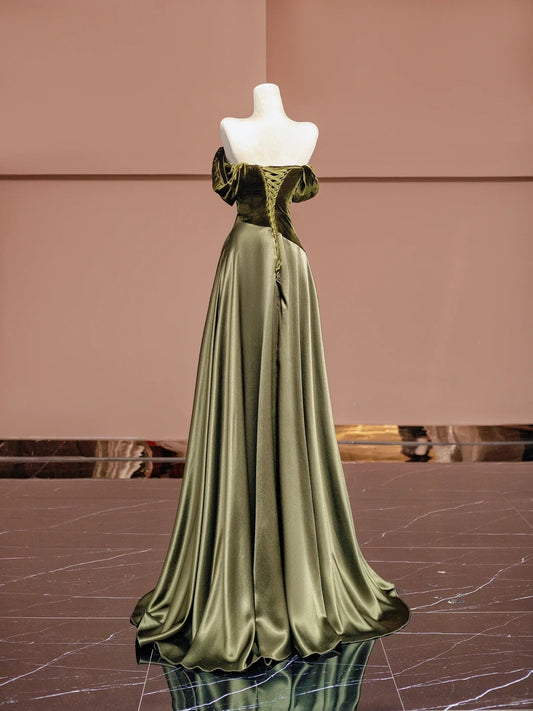Vintage Green A Line Off-Shoulder Evening Gowns Satin Long Prom Dress AP2340