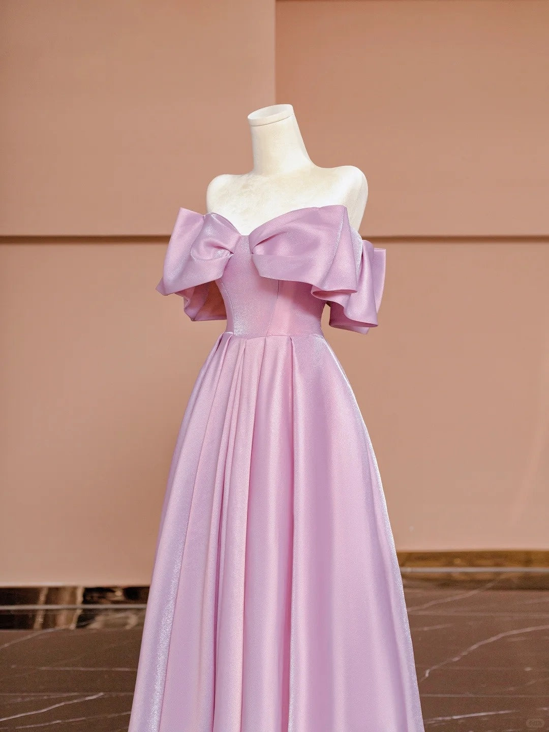 Stunning Ruffled Off-Shoulder A-Line Evening Gowns Pink Floor Length Long Prom Dress AP2343
