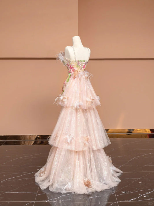 Romantic Spaghetti Strap A-Line Evening Gowns With Tulle Train Beading Sequins Applique Prom Dress AP2355