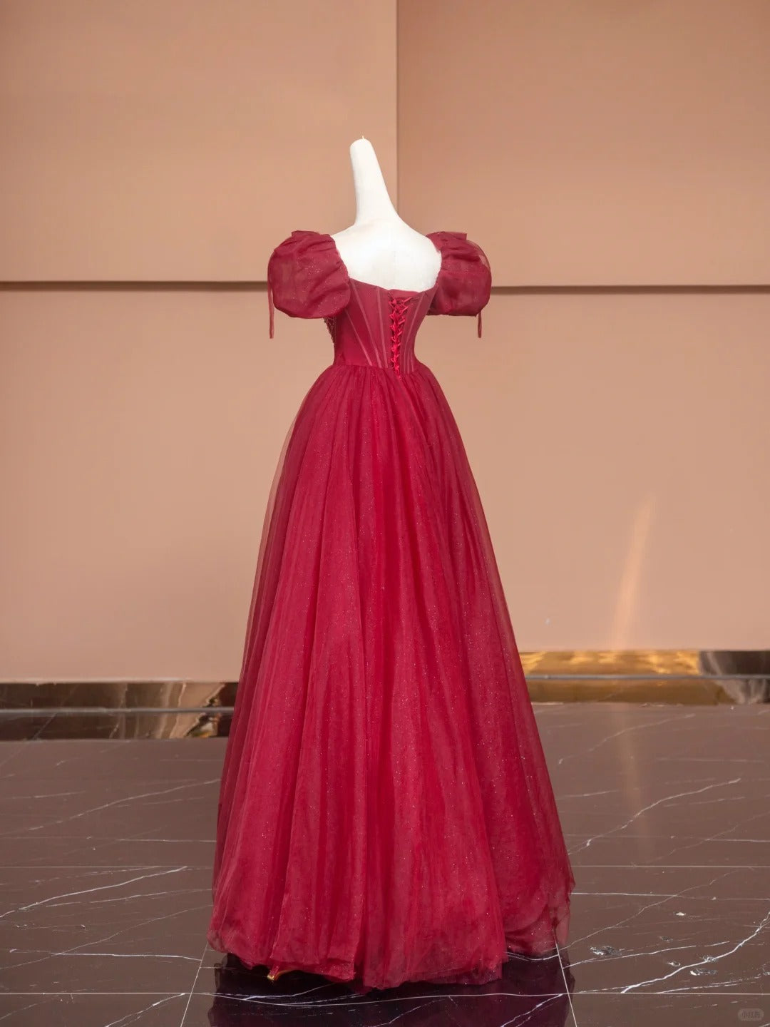 Red A-Line Square Neck Formal Dresses Sequins Beading Puffy Short Sleeve Long Prom Dress AP2357