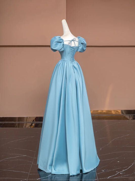 Glamorous Sweetheart Neck A-Line Formal Dresses Short Sleeve Pearl Crystal Blue Prom Dress AP2358