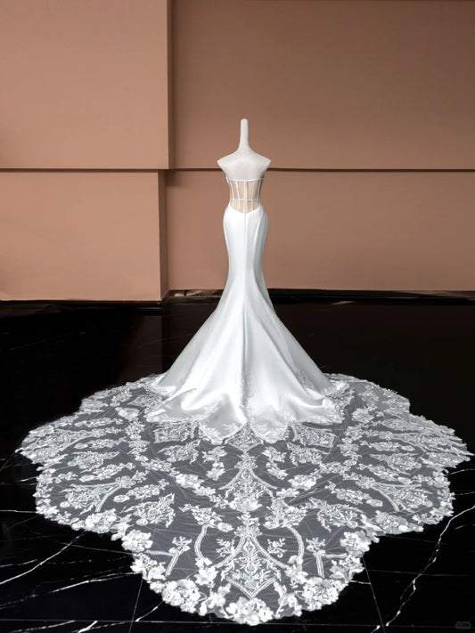 Fabulous White Satin Strapless Bridal Gowns Lace Tulle Train Mermiad Wedding Dress AP2363