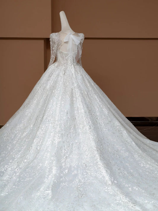 Glamorous Square Neck A-Line Bridal Gowns Tulle Sleeve Crystal Beading Wedding Dress AP2365