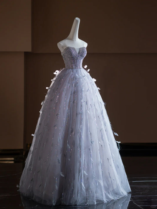 Fantastic A-Line Strapless Evening Gowns Beading Feather Tulle Prom Dress AP2372