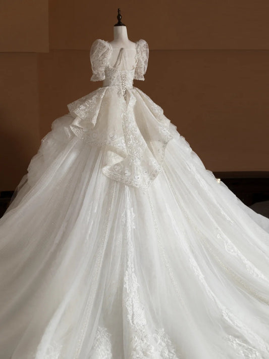 Stunning A-Line Jewel Neck Bridal Gowns Short Sleeve Beading Sequins Wedding Dress AP2373