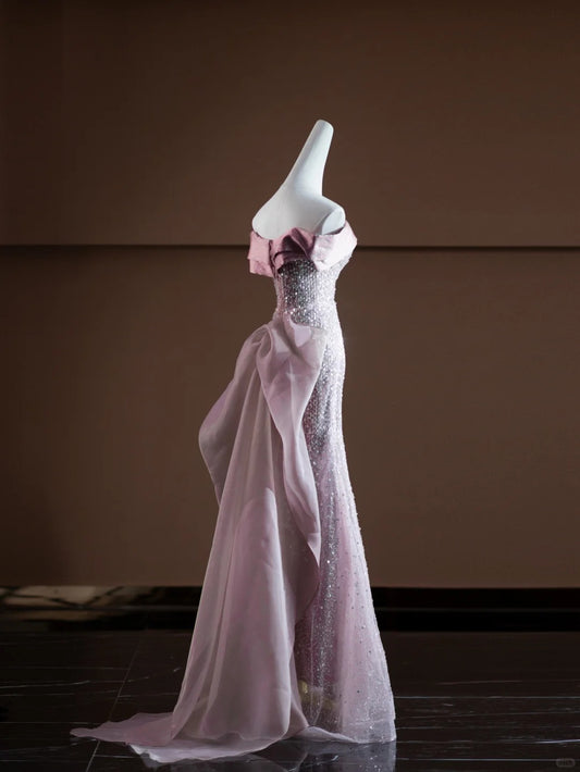 Luxurious Off-Shoulder Mermaid Evening Gowns Tulle Bow Sequins Prom Dress AP2374