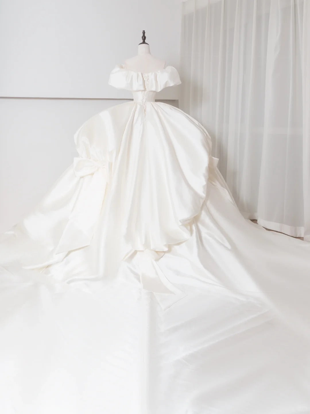 Alluring Off-Shoulder A-Line Bridal Gowns Ruched Satin Wedding Dress AP2382