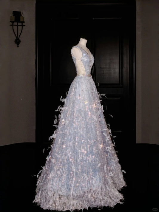 Glam Illusion Neck A-Line Evening Gowns Feather Rhinestone Beaded Prom Dress AP2389