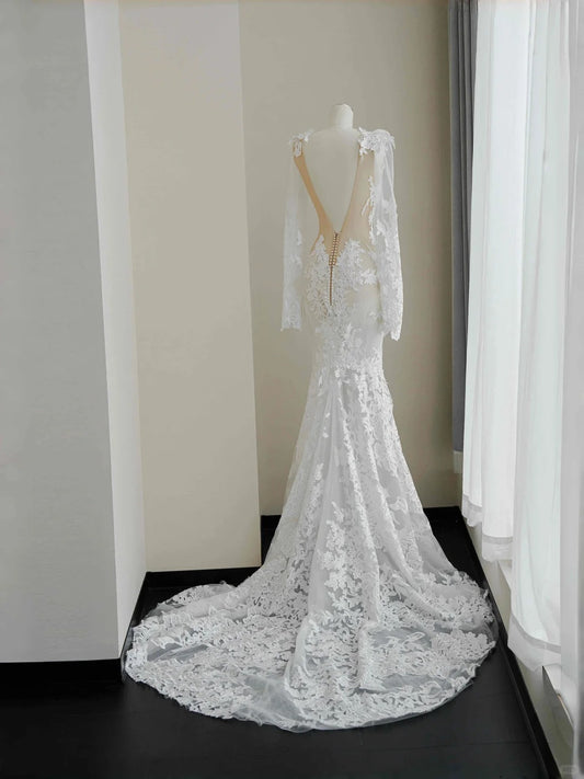 Novelty Illusion Neck Mermaid Bridal Gown Applique Beading Long Sleeve Wedding Dress AP2392