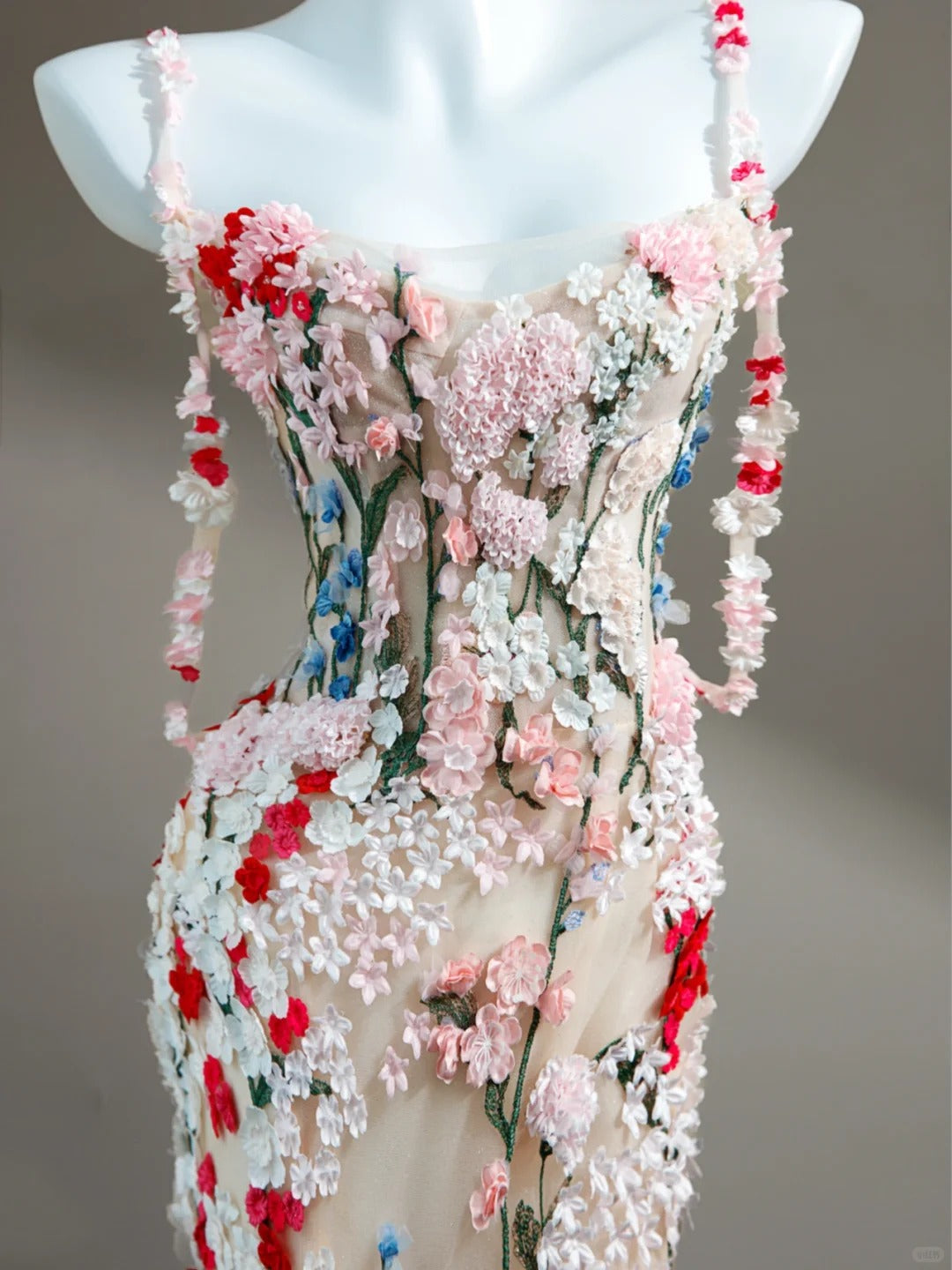 Romantic Floral Spaghetti Strap Mermaid Formal Dresses Applique Tulle Prom Dress AP2404