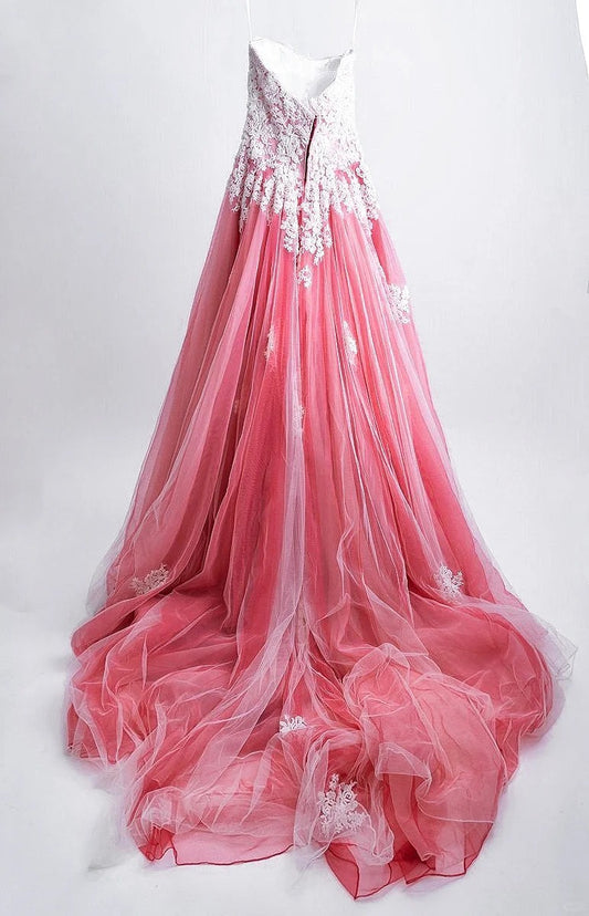 Sweet Strapless A-Line Evening Gowns Applique Tulle Prom Dress AP2410