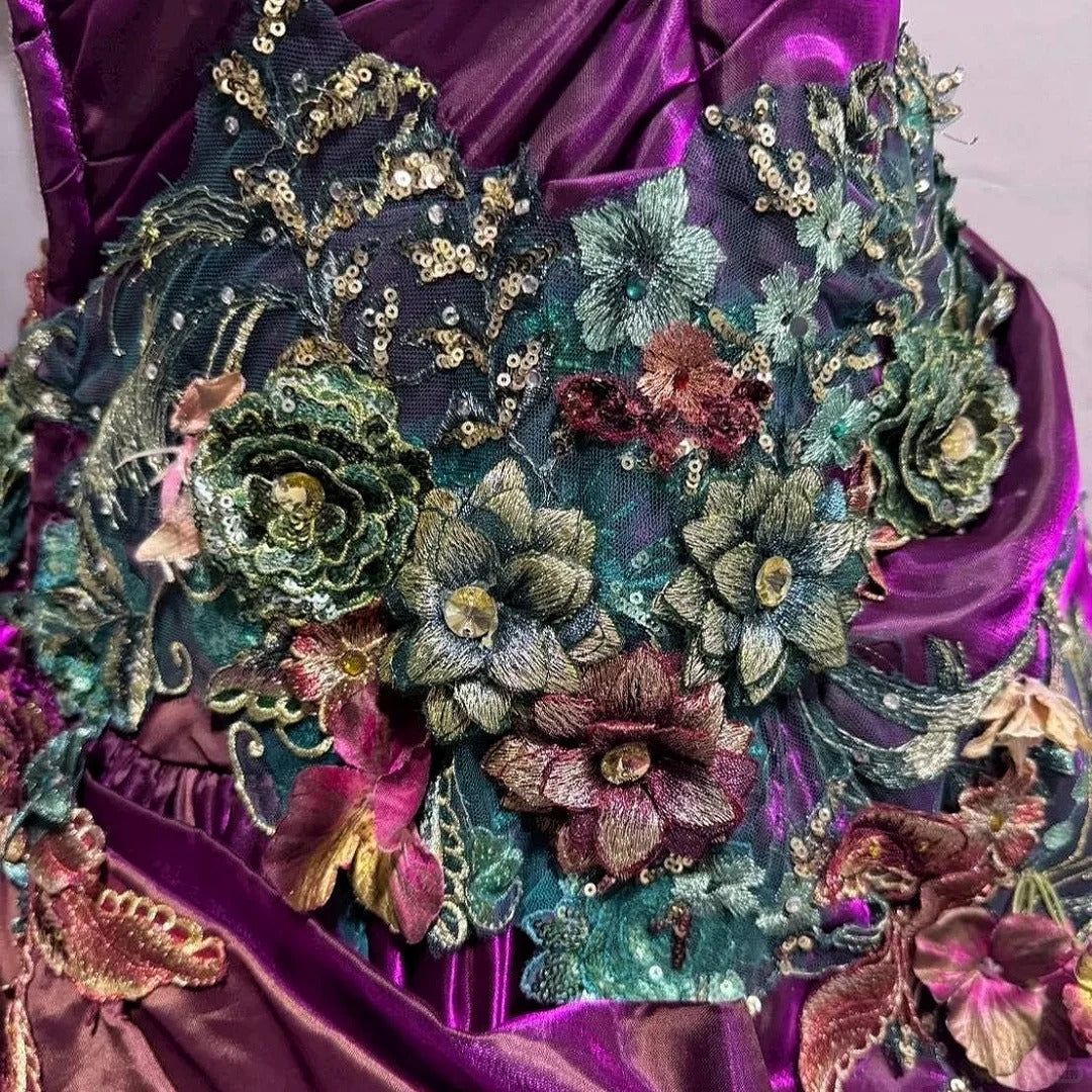 Retro A-Line Applique Evening Gowns Strapless Sequins Crystal Handmade Flowers Prom Dress AP2413