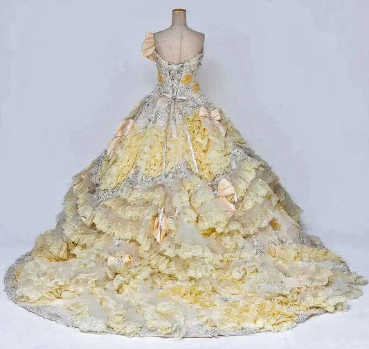 Elegant A-Line Strapless Tiered Evening Gowns Beading Rhinestone Sequins Bow Prom Dress AP2415