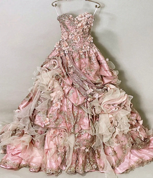 Fabulous Strapless A-Line Floral Evening Gowns Handmade Flowers Beading Sequins Prom Dress AP2416