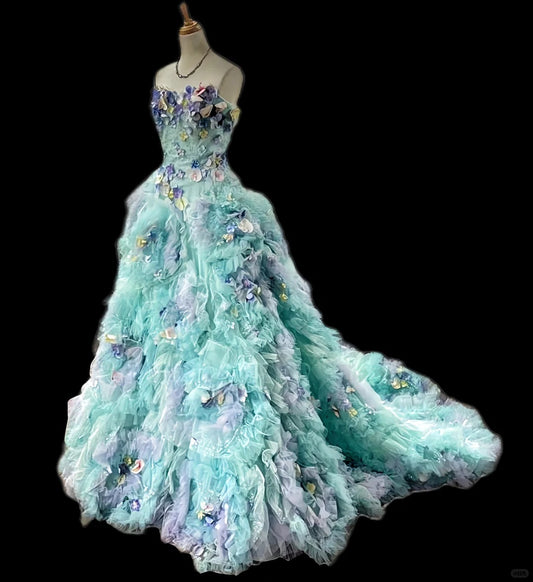 French Style A-Line Strapless Evening Gowns Sequins Applique Ruffled Tulle Prom Dress AP2420