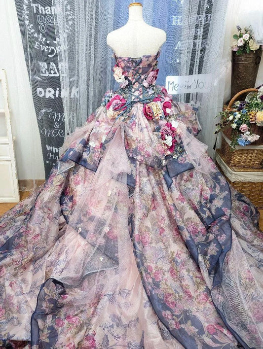 Vintage A-Line Strapless Handmade Flowers Formal Dresses Beading Sequins Prom Dress AP2422