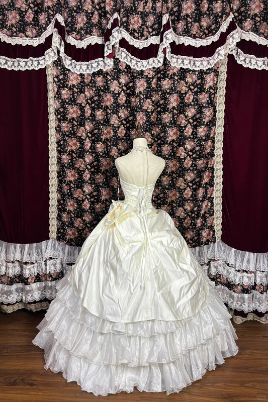 Dreamy Strapless A-Line Bridal Dresses Bow Beaded Tiered Satin Tulle Wedding Dress AP2431