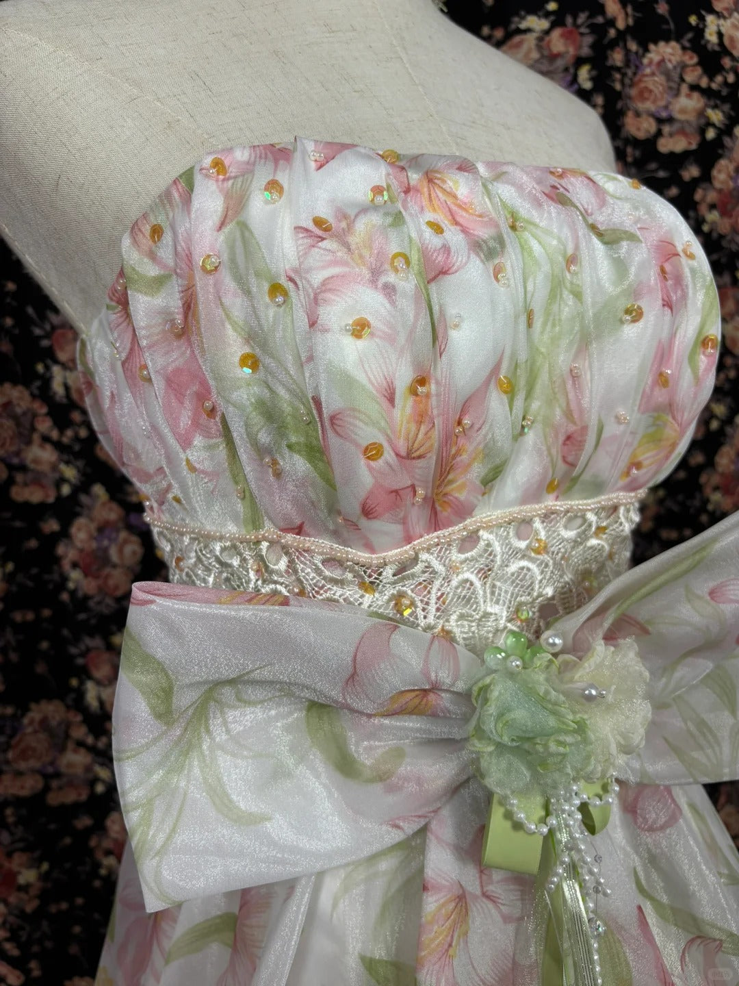 Floral Strapless A-Line Evening Dresses Handmade Flower Bow Sequins Beaded Prom Dress AP2500