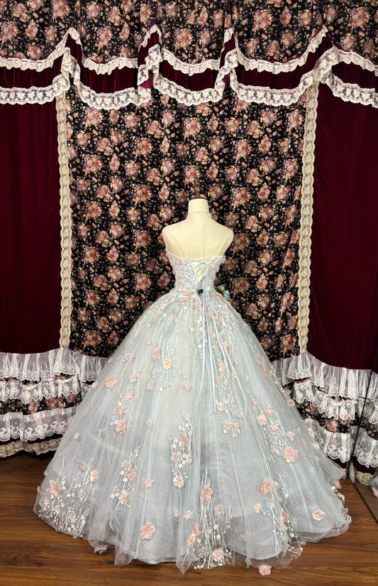 Ornate Strapless A-Line Long Evening Dresses Sequins Beading Handmade Flowers Prom Dress AP2516