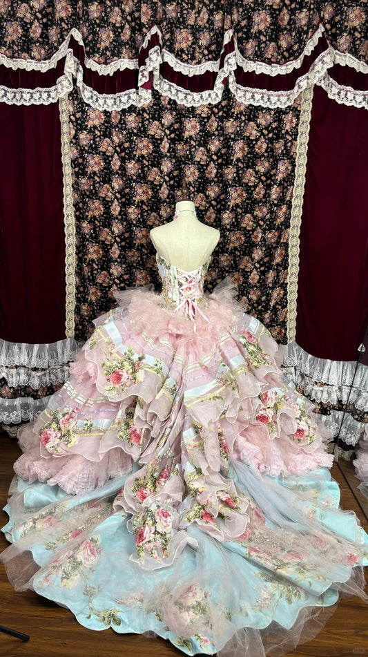 Dramatic Strapless A-Line Tiered Evening Dresses Handmade Flowers Beaded Crystals Applique Prom Dress AP2535